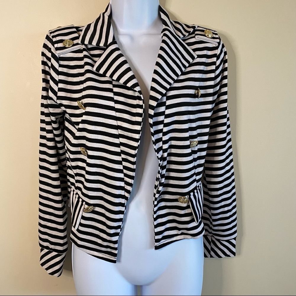 Allegra K Women's Notched Lapel Pocket Button Striped Blazer